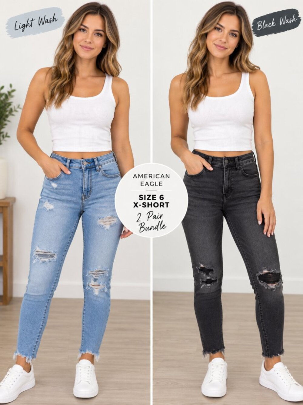 American Eagle Size 6 X-Short Jeans Bundle 2 Pair Distressed Blue Black